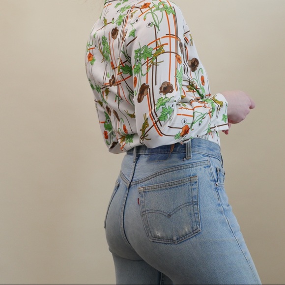 Vintage 70s Button Up Shirt Collared Bold Floral Print White + Green Pattern - Picture 3 of 7